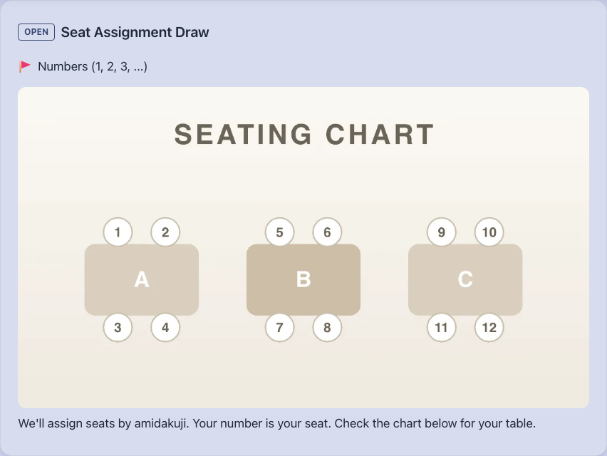 A seating amidakuji participation page with a seating chart attached