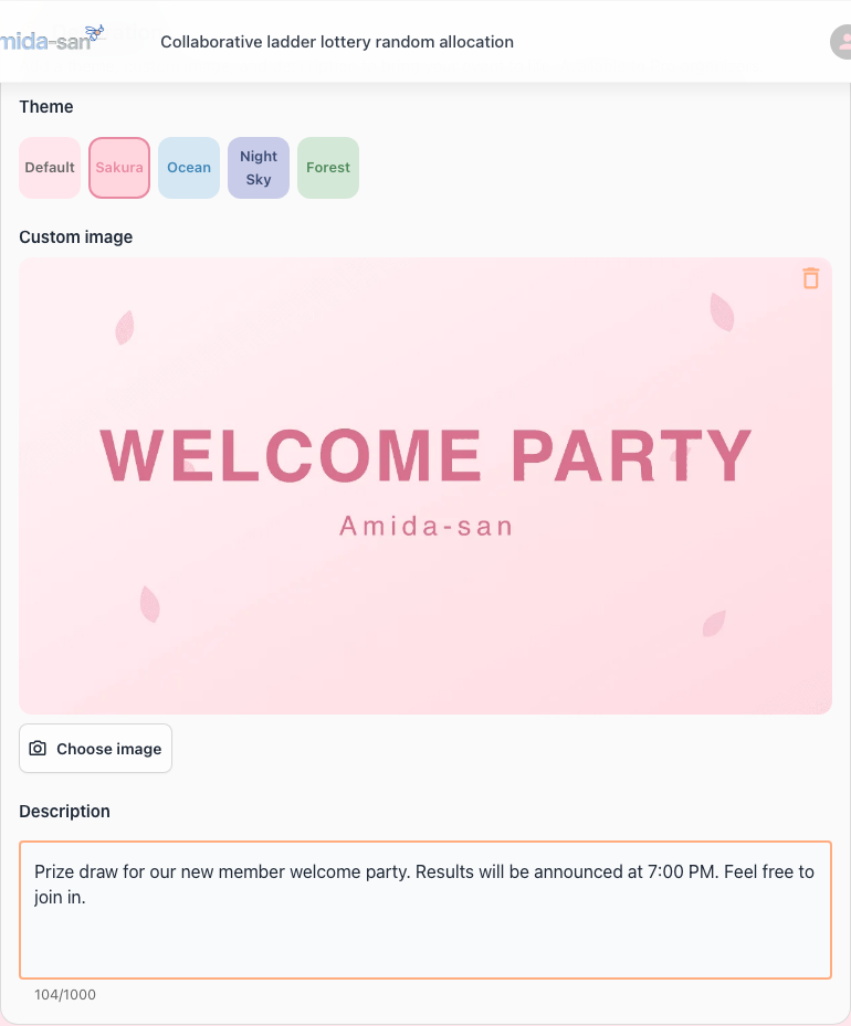 The decoration section on the edit screen, where you can set a theme, custom image, and description