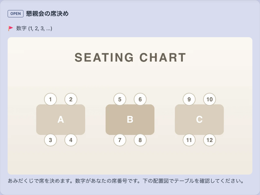 席の配置図を添えた、席決めのあみだくじ参加ページ