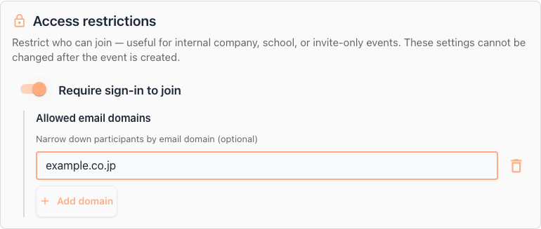 Participation restriction settings (sign-in required and email domain restriction)