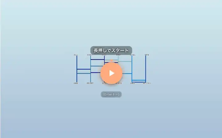 忘年会の景品抽選に 6 人が参加し、全員のボールが線をたどって 1 等から 3 等の当選者が決まる様子